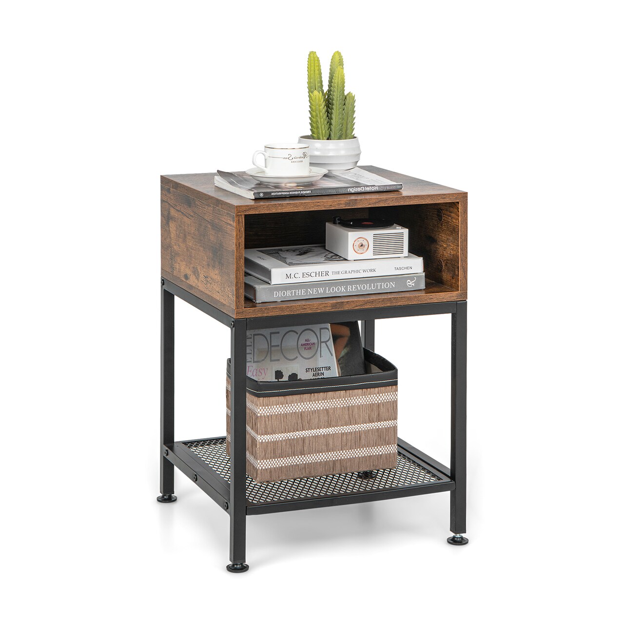 Industrial Side Table with Storage Shelf and Open Compartment Steel Frame Rustic Brown
